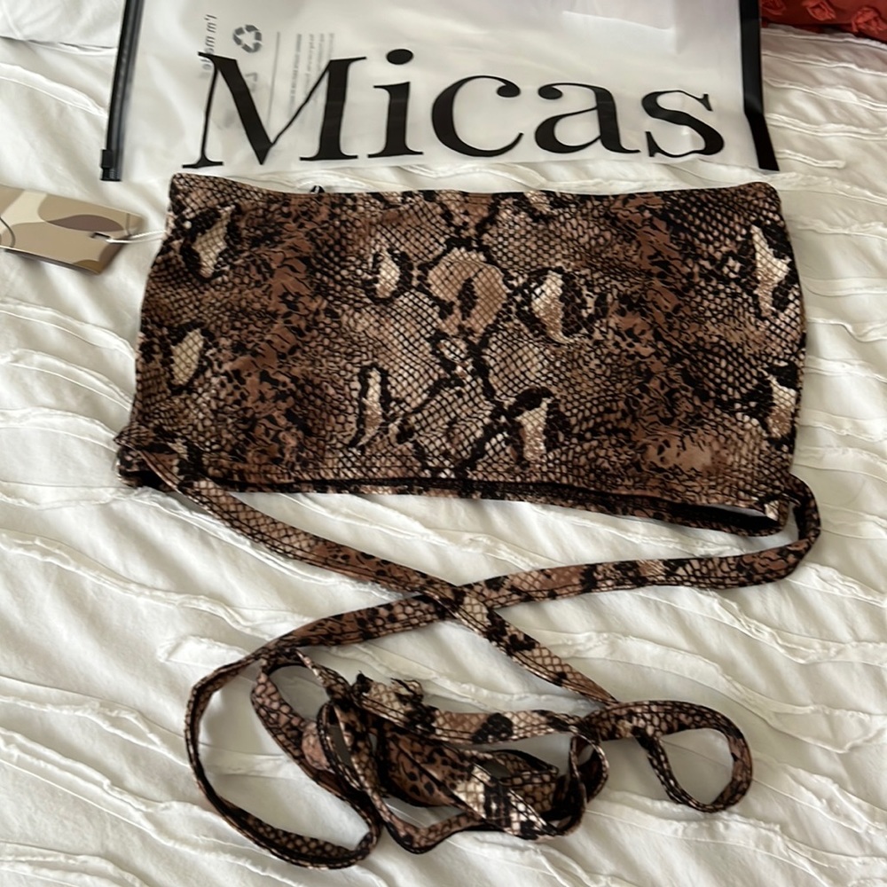 Micas strapless snake skin wrap crop top